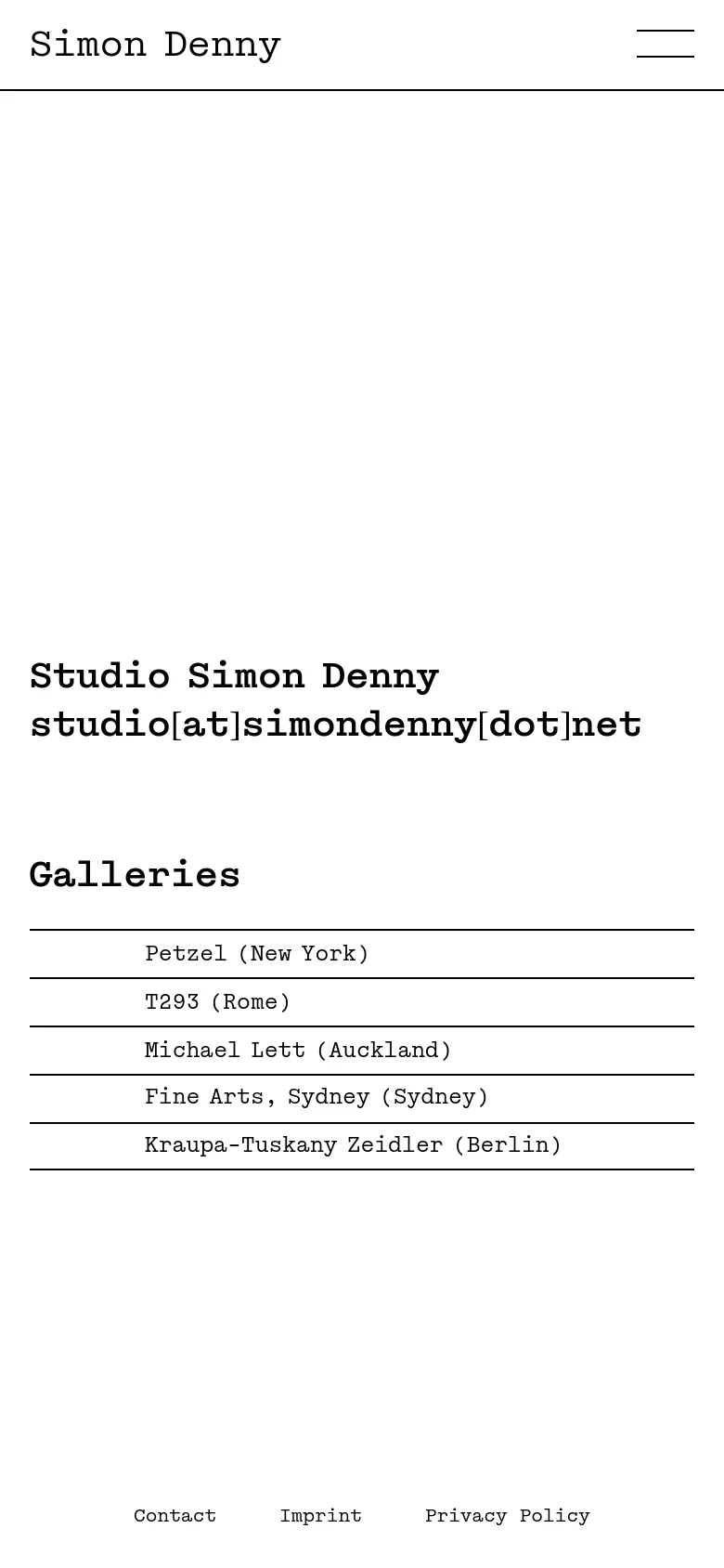 The mobile version maintains the minimalist white and black aesthetic but uses a single-column vertical layout. The studio email address is positioned above the list of galleries, which are stacked vertically with horizontal lines separating each entry. The header and footer navigation links are simplified for a narrow screen.