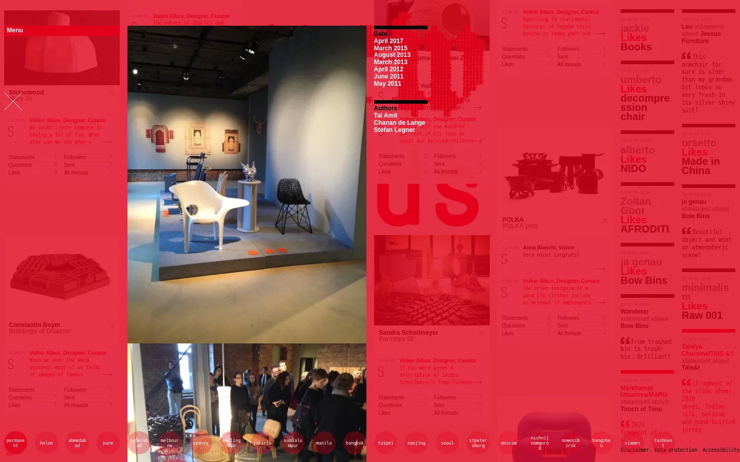 The blog page features a minimalist grid layout of design exhibits, each consisting of a large rectangular image followed by the designer's name, project title, and engagement statistics. The color palette is neutral with white backgrounds and black text, emphasizing the photography. On desktop, the content is organized in a clean, multi-column grid with ample whitespace.