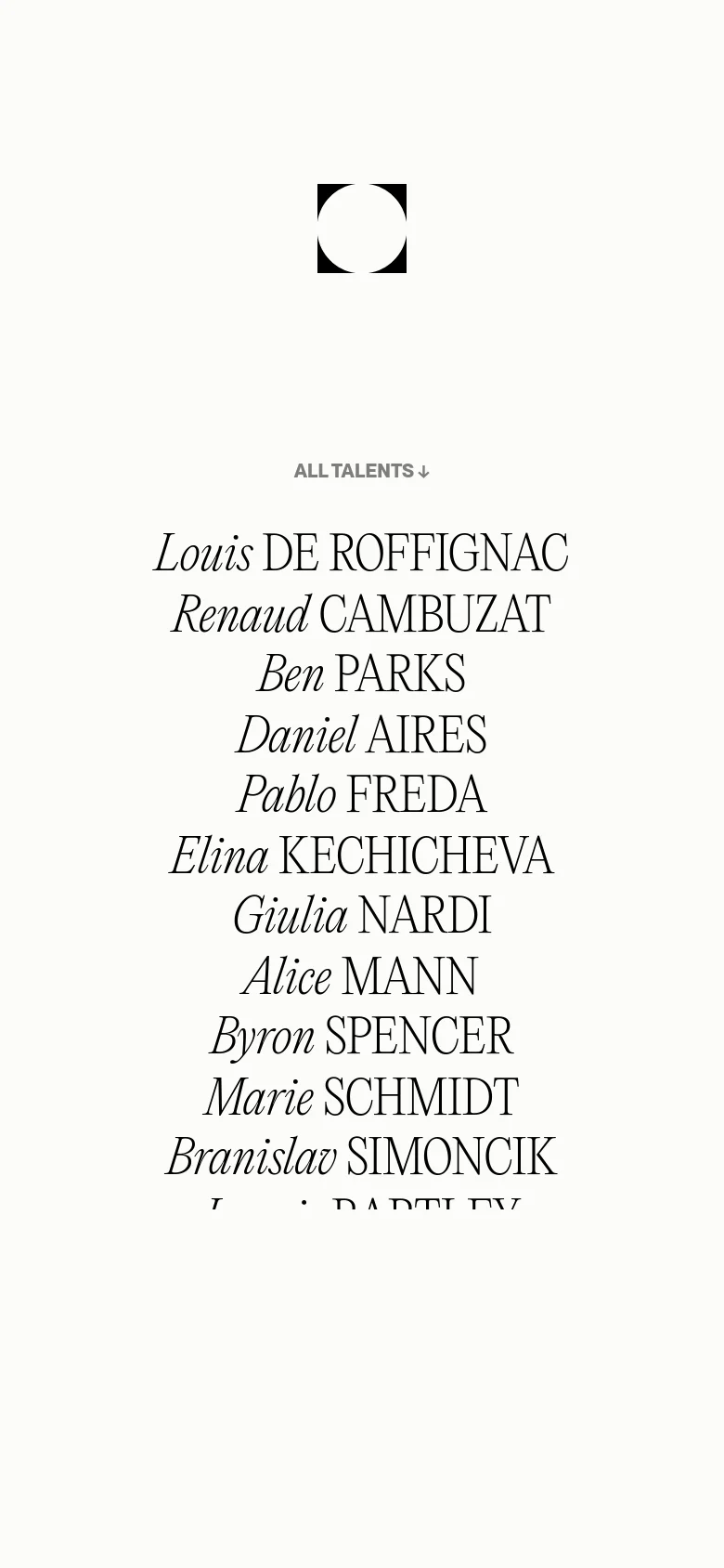 The mobile version maintains the minimalist white and black aesthetic but shifts to a vertical layout. The logo and service menu are centered at the top, followed by a single-column list of artist names that spans the width of the screen for easier scrolling.