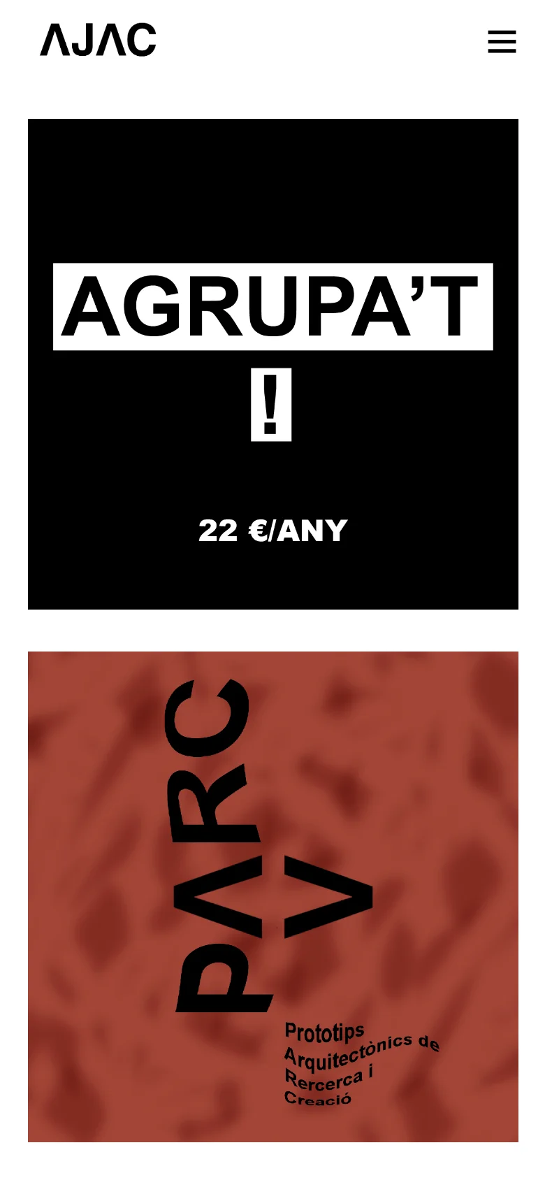 The mobile version displays a simplified layout with a centered AJAC logo and a hamburger menu icon in the top right. The content shifts to a single-column vertical stack of large, full-width graphic tiles, prioritizing easy scrolling through the project links.