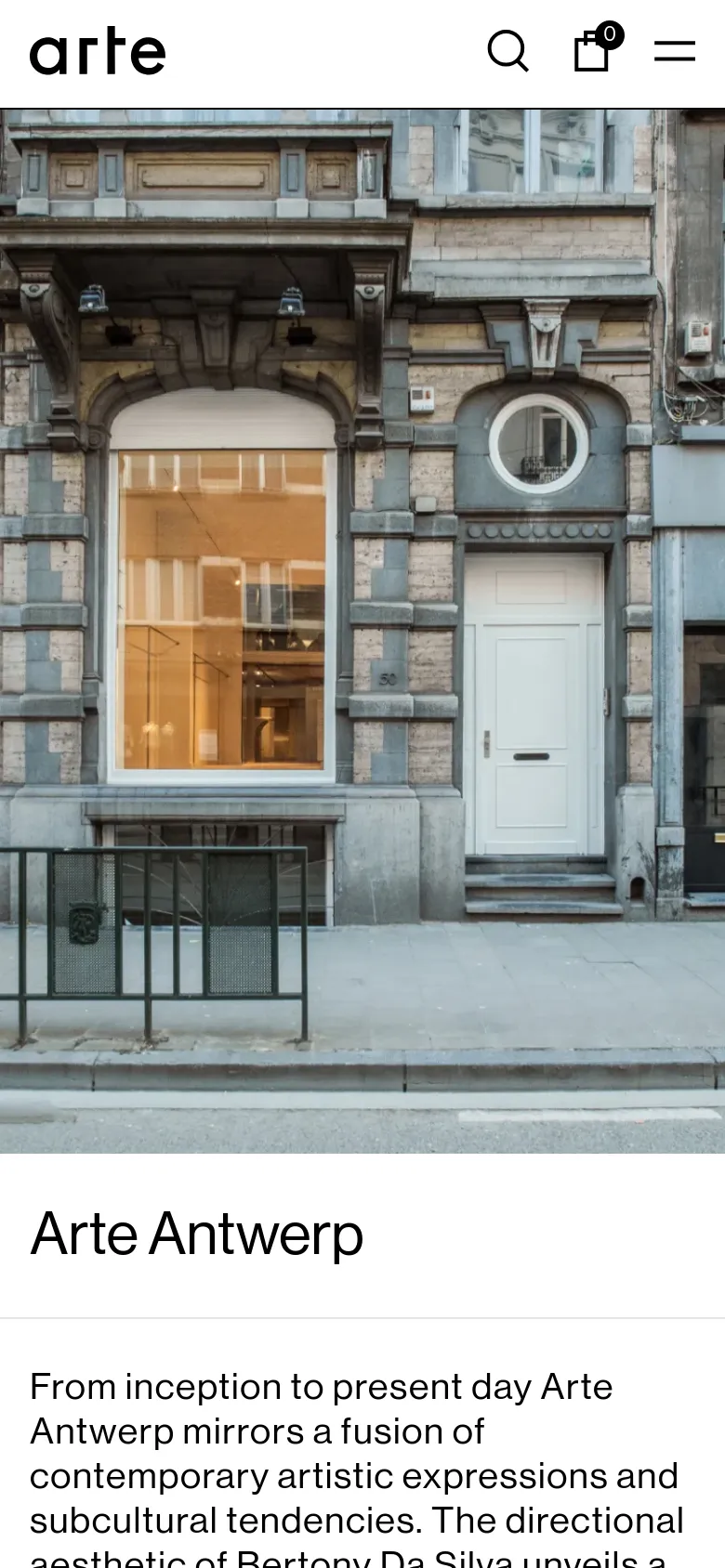 The mobile version presents a single-column vertical layout, starting with a full-width hero image of a building facade. The text, including the brand name and mission statement, follows below in a stacked format, and the navigation menu is condensed into a hamburger icon at the top right.