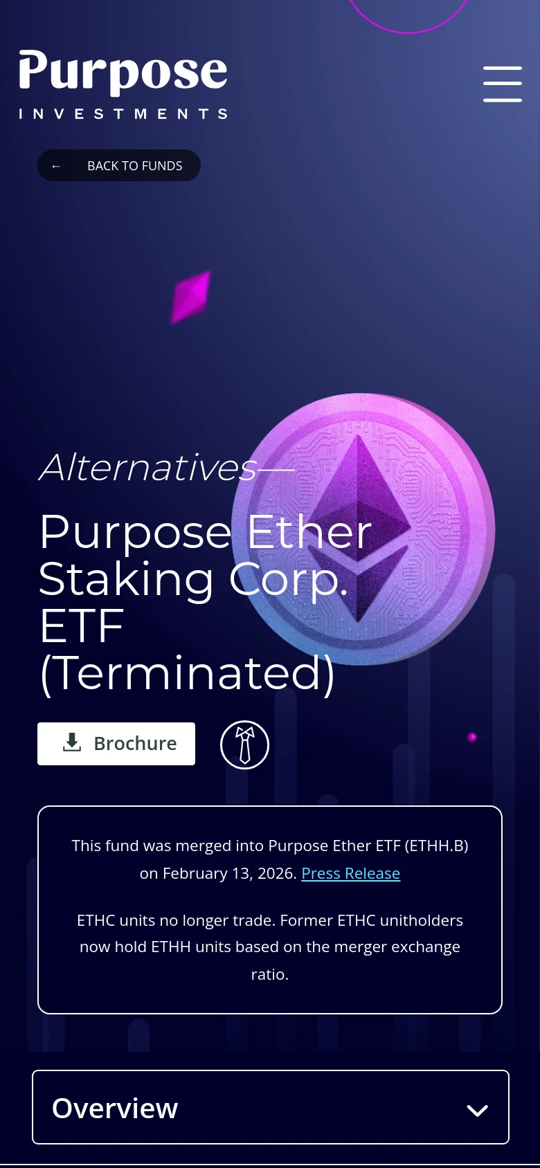 The mobile version features a simplified layout with a hamburger menu icon at the top right and the Purpose Investments logo. The hero section displays the same headline, Ethereum graphic, and merger notification box, but the elements are stacked vertically. An expandable 'Overview' accordion menu is located at the bottom of the screen.