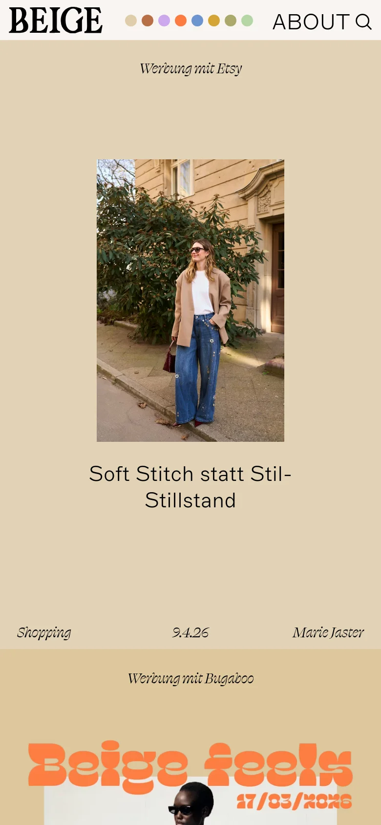 Beige magazine mobile homepage with a single-column stacked layout. Large editorial images are paired with bold serif headlines and category labels like Shopping and News, maintaining a clean, minimalist aesthetic on a warm beige background.