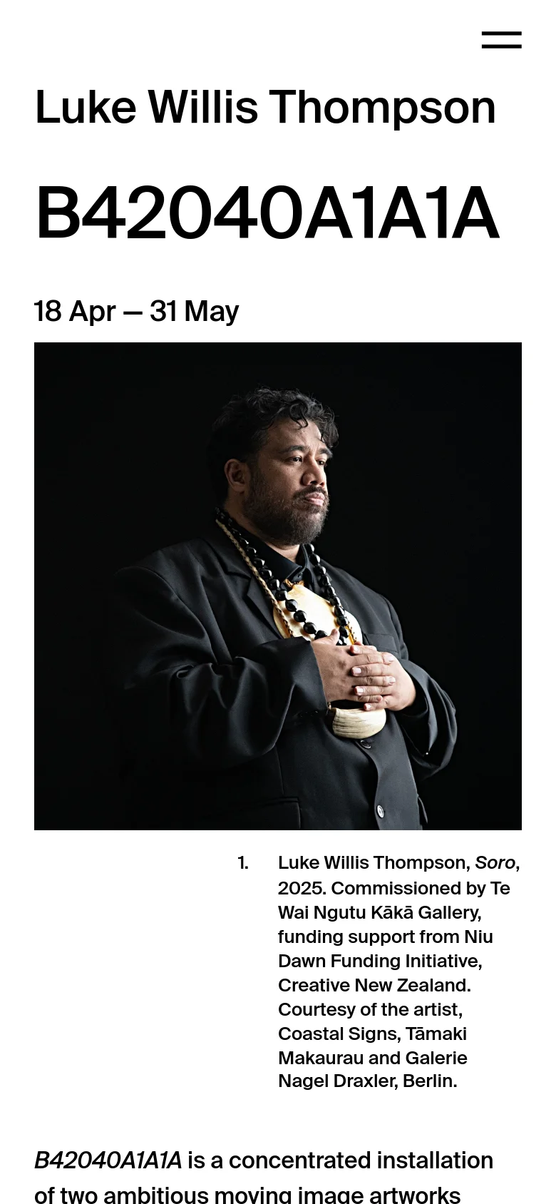 The mobile version simplifies the layout into a single column, removing the left sidebar in favor of a top navigation menu and a hamburger icon. The large exhibition heading and the portrait of the man against a black background remain the central focus of the screen.