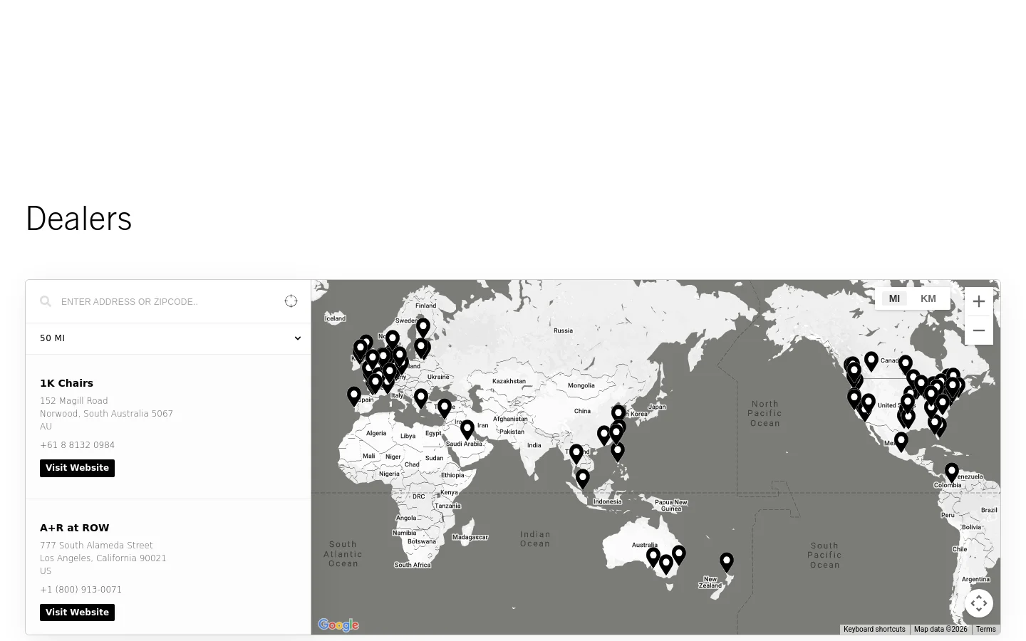 The Dealers page features a large heading followed by a global map with black location pins indicating dealer locations. A search bar for addresses or zip codes and a radius filter are positioned above the map, while a list of dealer details, including names, addresses, and website links, appears below the map on a clean white background.