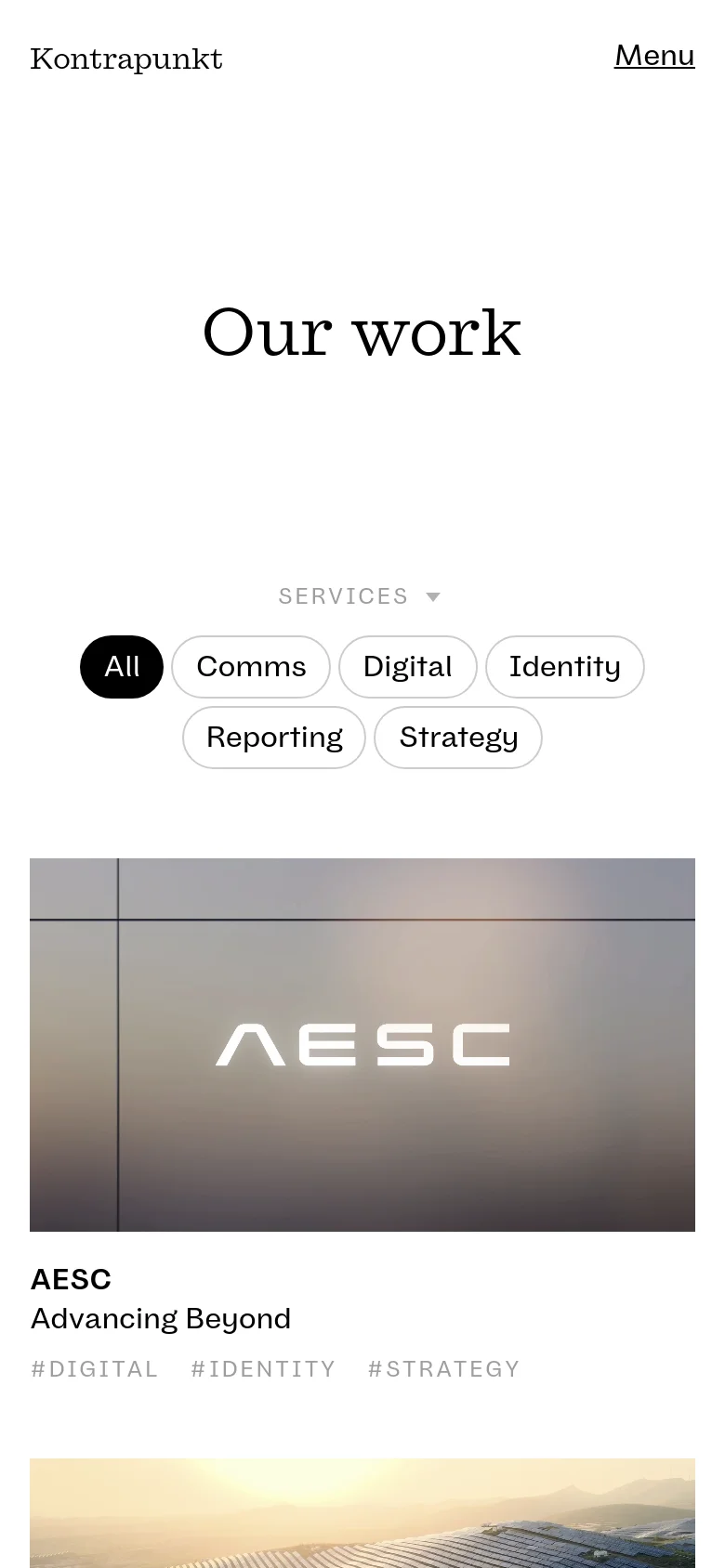 The mobile version maintains the clean white aesthetic and large 'Our work' headline but stacks elements vertically. The service filter buttons are arranged in a wrapped, multi-line layout for easier tapping, and the project grid transitions to a single-column view showing full-width images.