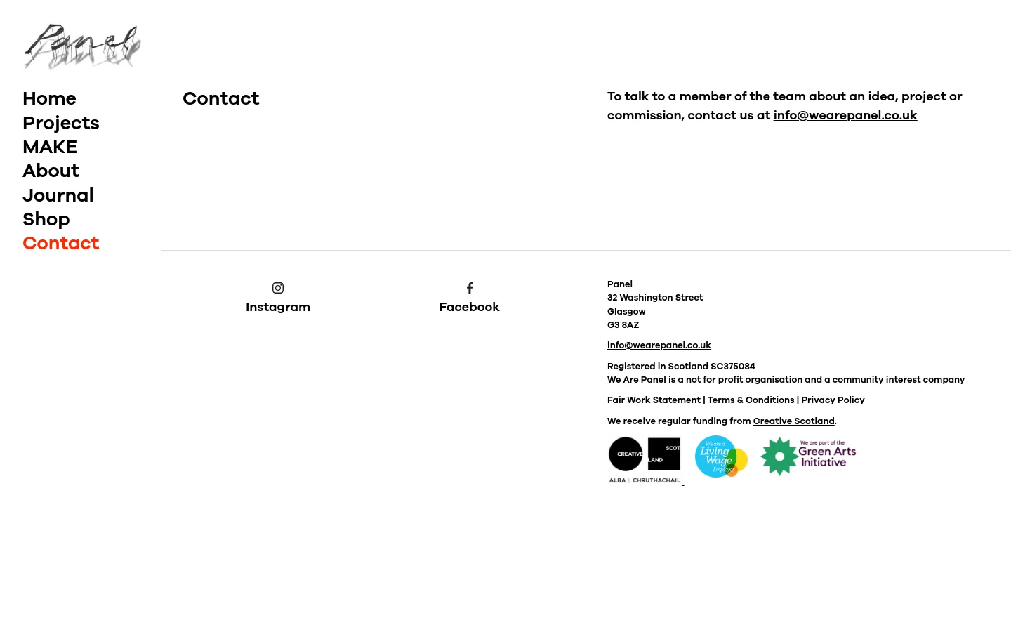 The desktop contact page features a minimalist white layout with a black sidebar navigation menu on the left. The main content area displays the headline 'Contact' followed by an invitation to email info@wearepanel.co.uk, with social media links and footer information including address and logos at the bottom.