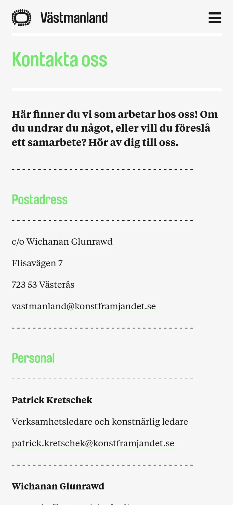 The mobile version presents a simplified vertical layout with a condensed header containing the logo and a hamburger menu icon. The content remains focused on the 'Kontakta oss' heading and contact information, with text and links stacked vertically for easier scrolling on a small screen.