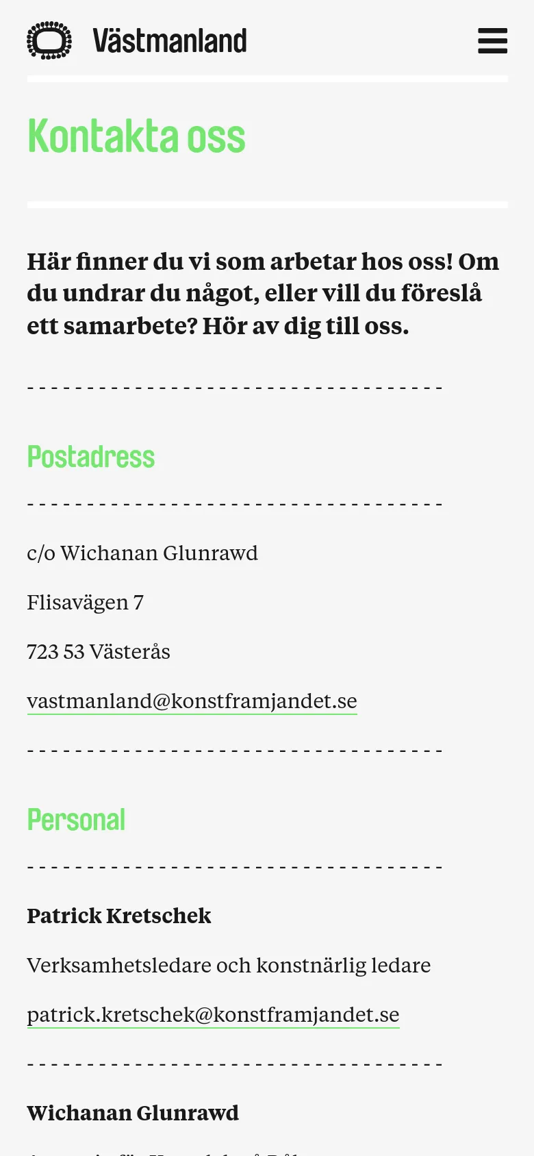 The mobile version presents a simplified vertical layout with a condensed header containing the logo and a hamburger menu icon. The content remains focused on the 'Kontakta oss' heading and contact information, with text and links stacked vertically for easier scrolling on a small screen.