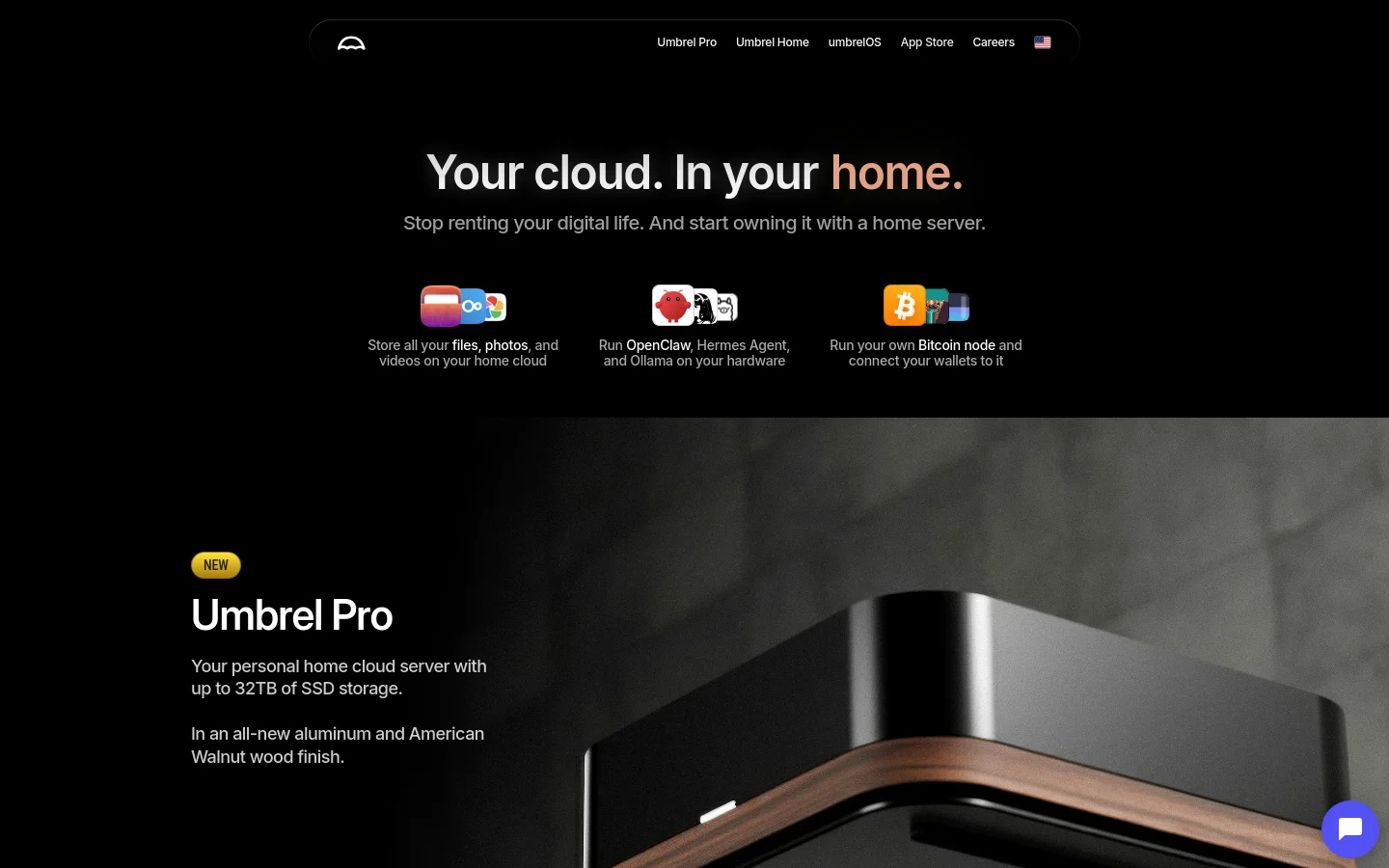 The Umbrel homepage features a dark, minimalist design with a centered hero section reading 'Your cloud. In your home.' Below the headline, three colorful icons represent file storage, running AI agents, and Bitcoin nodes. A large product section follows, showcasing the Umbrel Pro server with its aluminum and walnut wood finish against a dark background.