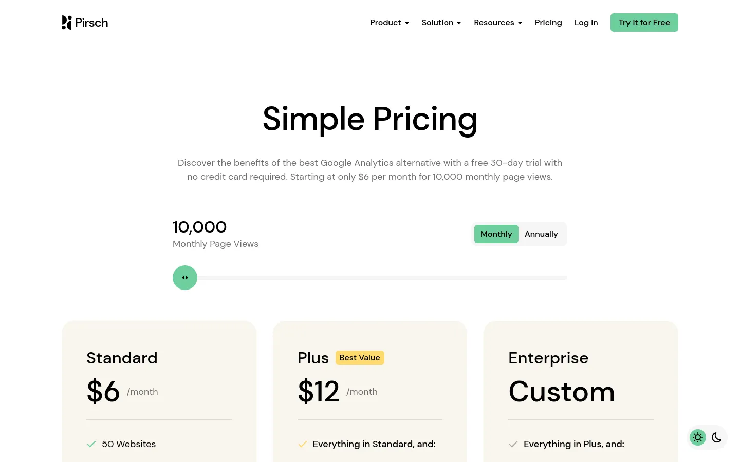 The desktop pricing page features a clean, minimalist design with a white background and dark text. A large headline reads 'Simple Pricing' above a toggle for monthly or annual billing, followed by three distinct pricing cards for Standard, Plus, and Enterprise plans. The Plus plan is highlighted as 'Best Value' with a subtle gold badge.