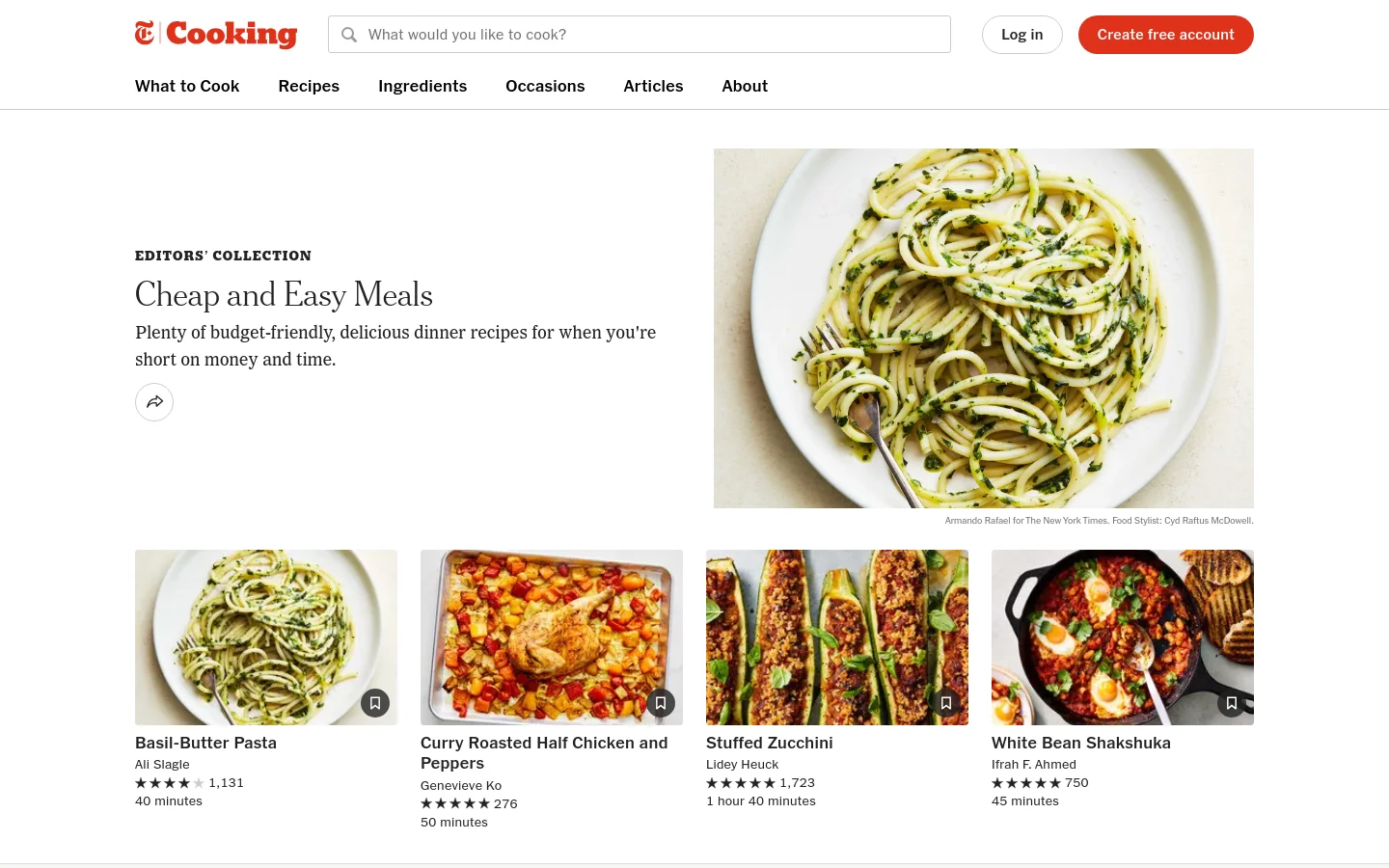 Desktop view of the NYT Cooking 'Cheap and Easy Meals' collection page. The layout features a large hero image of Basil-Butter Pasta on a white plate, a headline, and a brief description. Below the hero section, a grid of recipe cards displays images, titles, authors, ratings, and cook times against a clean white background.