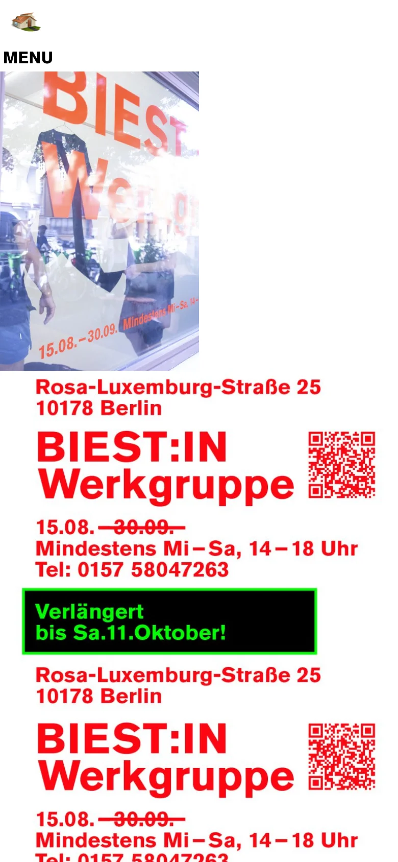 The mobile version uses a single-column vertical layout, stacking the large storefront image above the text content. The text is centered and larger for readability, displaying the studio name, address, and opening hours, followed by a prominent green highlighted box stating an extension of dates. The map and QR code from the desktop version are removed or repositioned to prioritize the text and primary announcement.