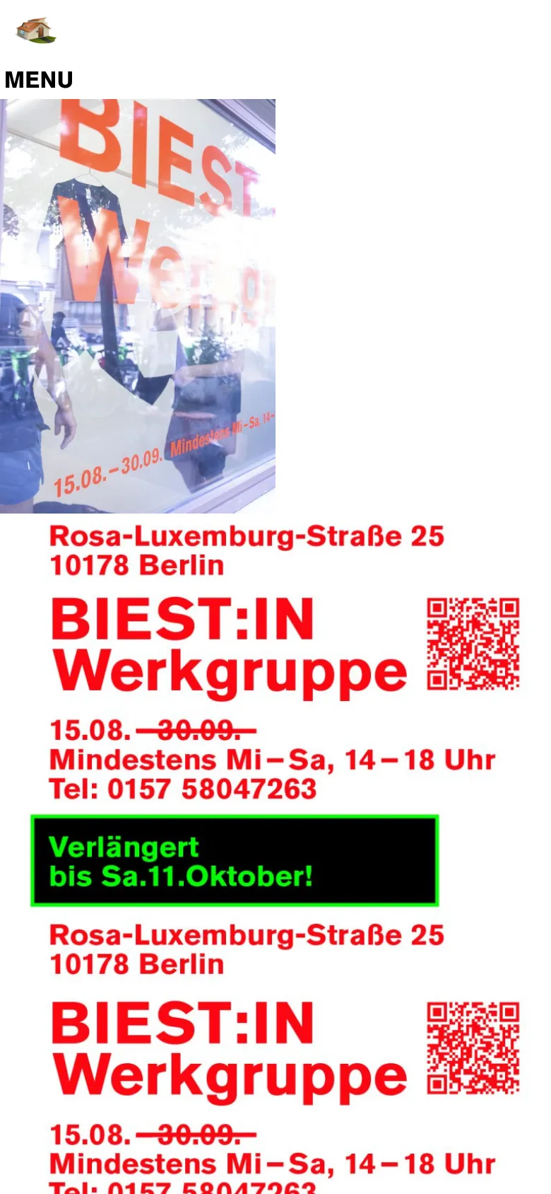 The mobile version uses a single-column vertical layout, stacking the large storefront image above the text content. The text is centered and larger for readability, displaying the studio name, address, and opening hours, followed by a prominent green highlighted box stating an extension of dates. The map and QR code from the desktop version are removed or repositioned to prioritize the text and primary announcement.