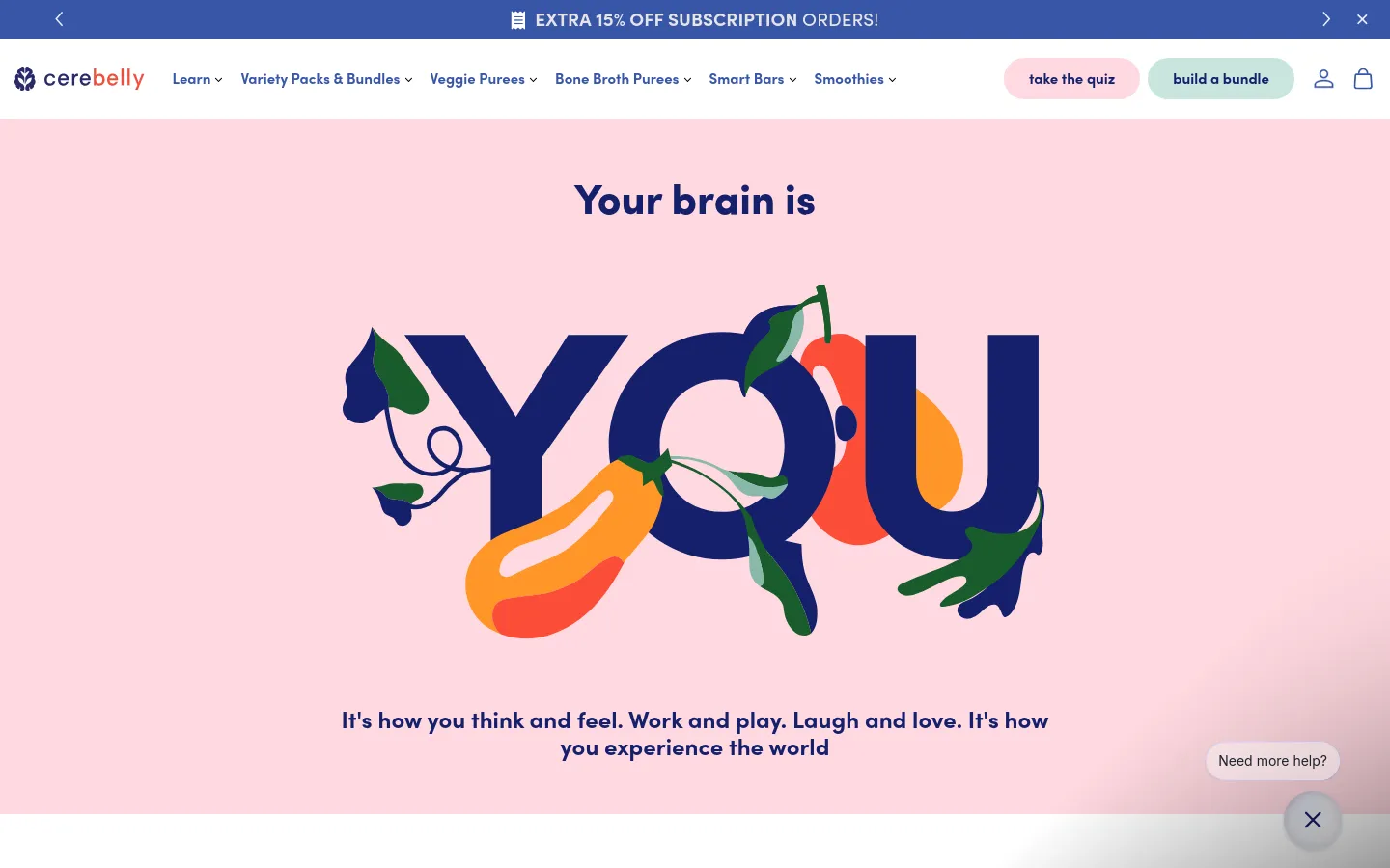 The desktop page features a light pink background with a large hero graphic of the word 'YOU' intertwined with colorful illustrations of vegetables. Below the graphic, a headline and subtext explain the importance of brain development, followed by educational text sections. A navigation bar at the top includes links for 'Learn', 'Veggie Purees', and 'Smart Bars', alongside 'take the quiz' and 'build a bundle' buttons.