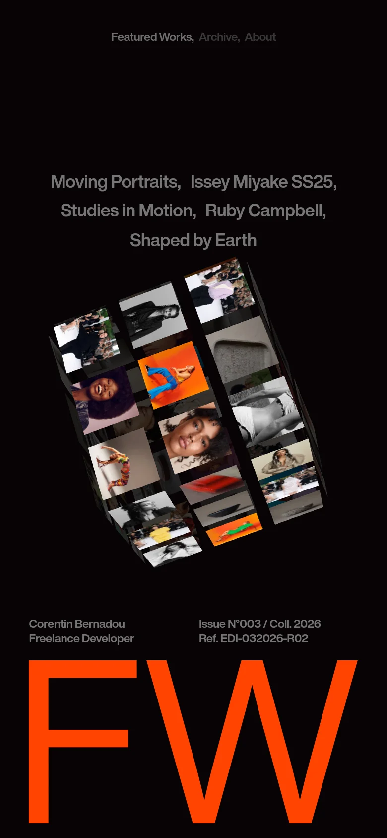 The mobile version maintains the dark aesthetic and large orange 'FW' branding but shifts to a centered vertical layout. The project links and technical details are stacked vertically, and the 3D photographic grid is repositioned to fit the narrower portrait orientation.
