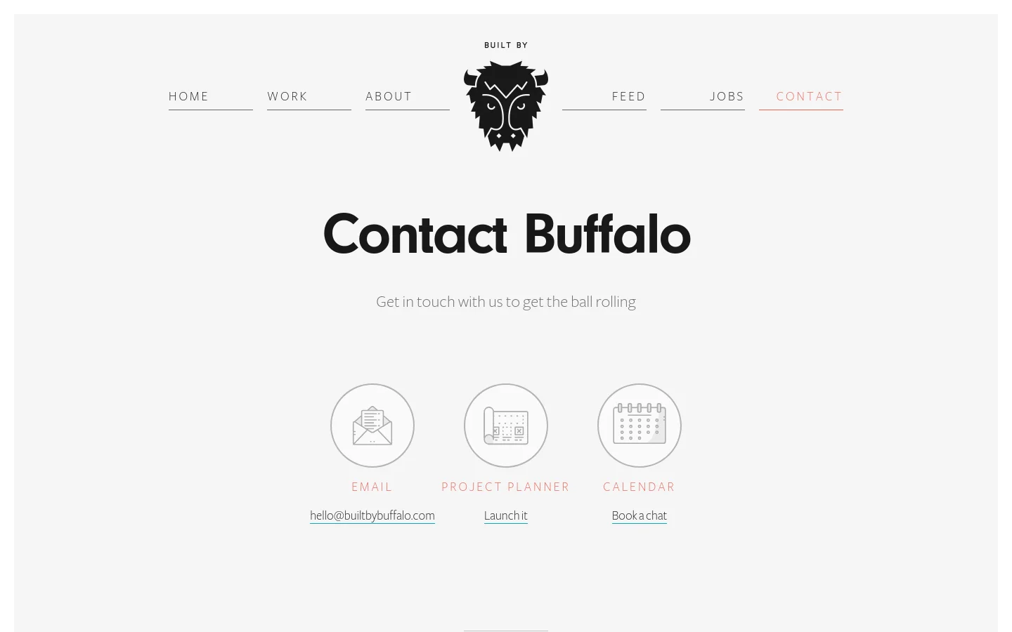 The Contact page features a minimalist design with a white background and a central buffalo logo in the header. Below the headline 'Contact Buffalo', three circular icons represent Email, Project Planner, and Calendar, each with a text link underneath. The desktop layout uses a wide, centered navigation menu and ample whitespace.