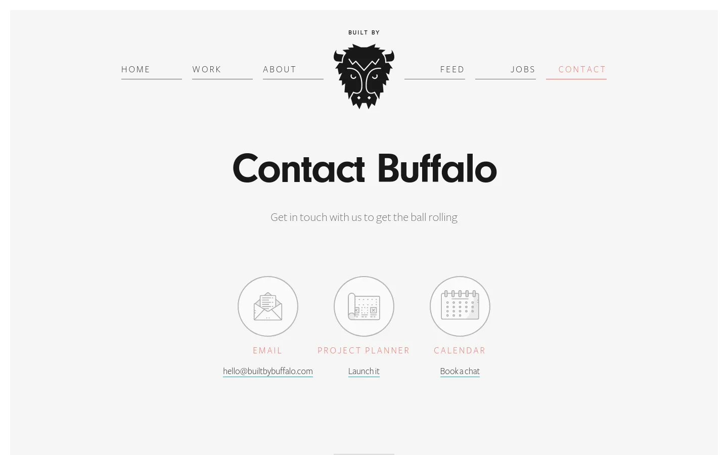 The Contact page features a minimalist design with a white background and a central buffalo logo in the header. Below the headline 'Contact Buffalo', three circular icons represent Email, Project Planner, and Calendar, each with a text link underneath. The desktop layout uses a wide, centered navigation menu and ample whitespace.