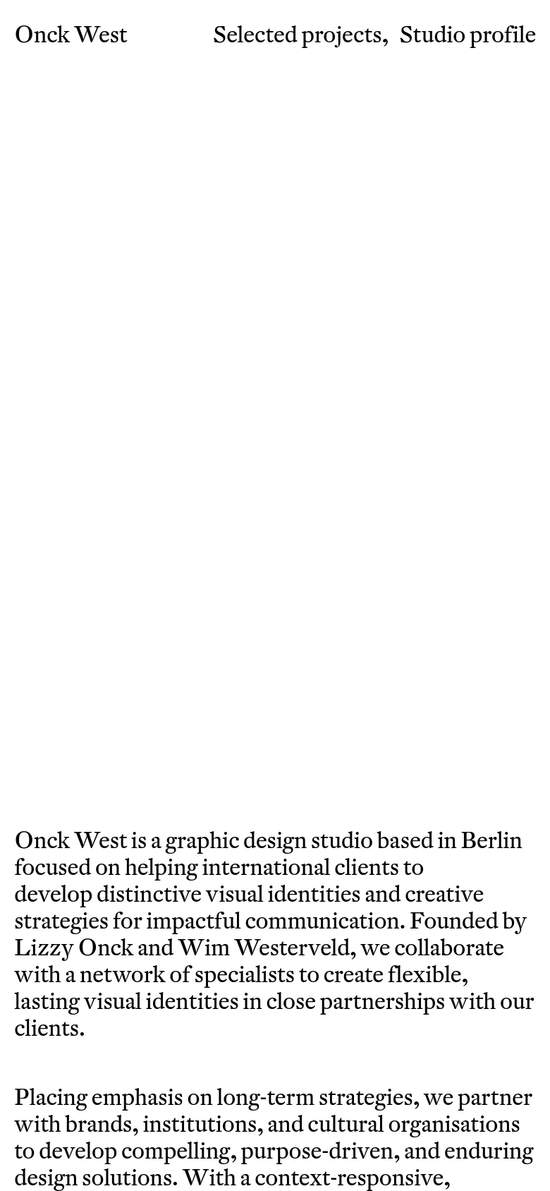 The mobile version uses a single-column vertical layout optimized for small screens. The studio description text is stacked at the top, followed by the large portrait of the founders, and the contact details are placed at the bottom. The navigation menu is simplified to fit the narrow width.