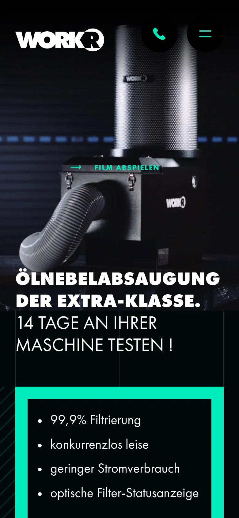The mobile version presents a vertically stacked layout optimized for small screens, focusing on the hero image and large typography. The headline and feature list are centered, and the navigation is condensed into a hamburger menu and a phone icon at the top.