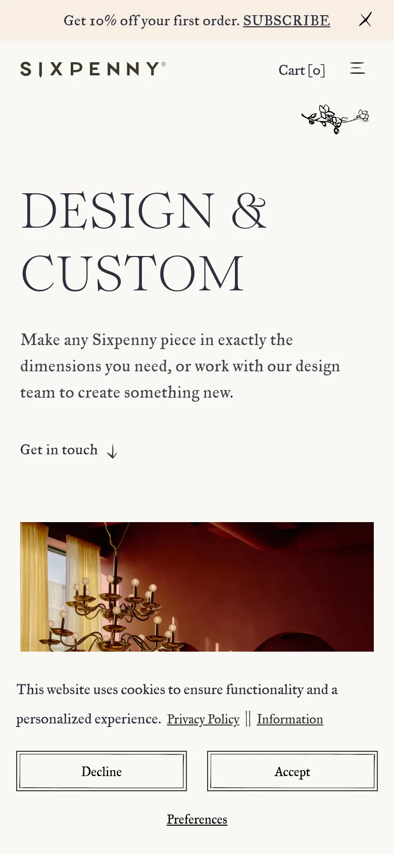 The mobile version presents a vertically stacked layout, starting with the 'DESIGN & CUSTOM' headline and introductory text centered at the top. The hero lifestyle image follows below the text, and subsequent sections for custom orders and design consults are arranged in a single-column scroll. The navigation is condensed into a hamburger menu, and the cream and earthy tones remain consistent with the desktop version.