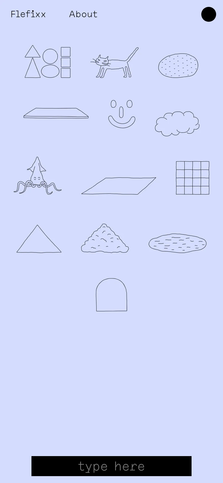The mobile version maintains the light lavender background and hand-drawn line art style, but the illustrations are rearranged into a more vertical, centered stack to fit the narrow screen. The navigation links and the black 'type here' input bar remain, but the input bar is centered at the bottom of the screen instead of being aligned to the left.