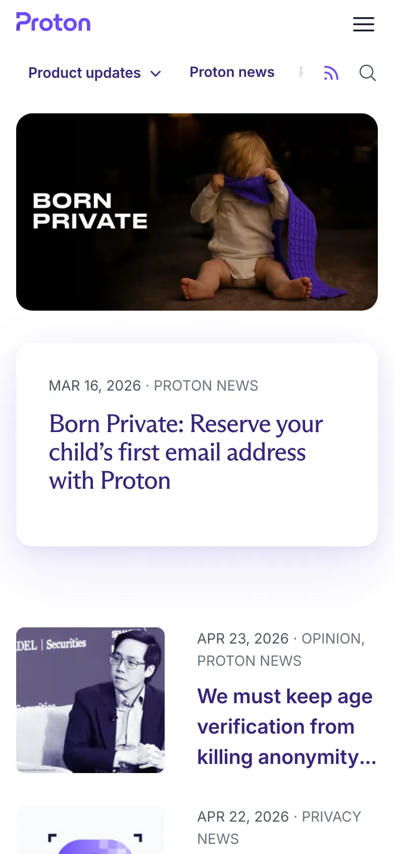 The mobile version of the Proton Blog simplifies the layout, stacking the hero image and headline vertically. The top navigation is condensed into a hamburger menu and a search icon, while the blog post feed continues below the hero section in a single-column format.