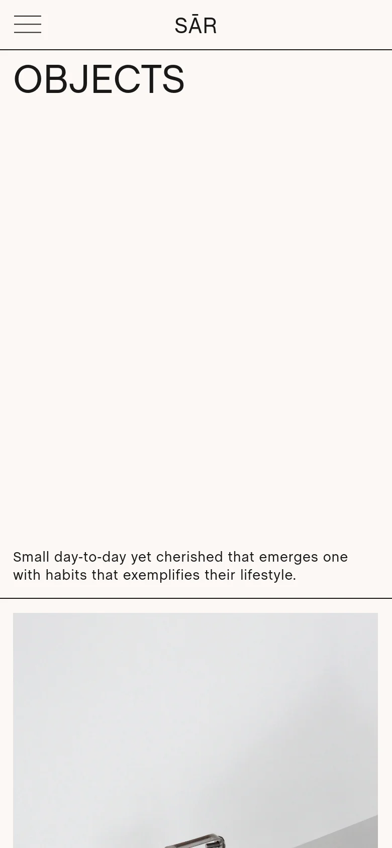 The mobile version simplifies the layout, placing the 'OBJECTS' headline prominently at the top below a hamburger menu and brand name. The vertical sidebar from the desktop version is removed, and the hero image is positioned below the introductory text, creating a single-column scrolling experience.