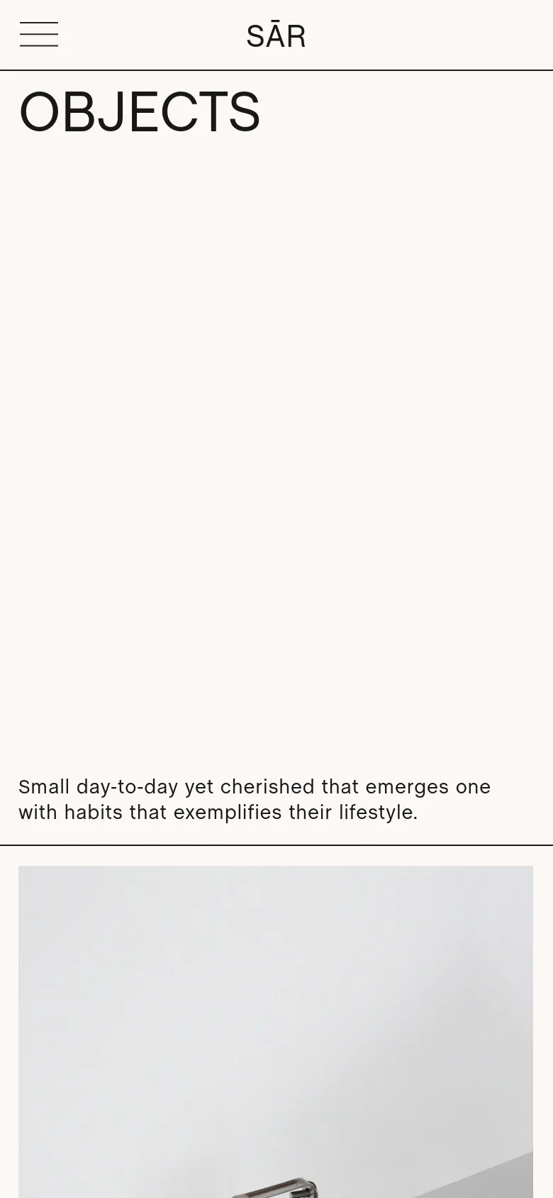The mobile version simplifies the layout, placing the 'OBJECTS' headline prominently at the top below a hamburger menu and brand name. The vertical sidebar from the desktop version is removed, and the hero image is positioned below the introductory text, creating a single-column scrolling experience.