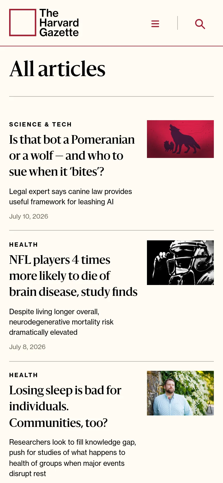 The mobile version of the article archive page simplifies the layout, replacing the full desktop navigation bar with a hamburger menu icon and a search icon at the top. The 'All articles' headline remains prominent, followed by the vertical list of articles where headlines, summaries, and dates are stacked above or beside smaller thumbnail images. The interface is optimized for vertical scrolling on a narrow screen.