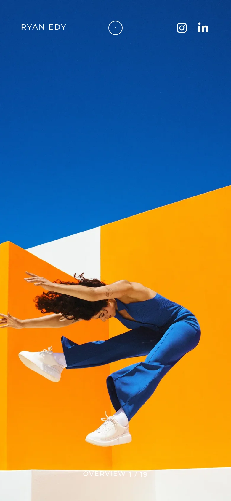 The mobile version simplifies the layout into a single-column vertical scroll. The header remains at the top with the name, central icon, and social links, while the photography project grid stacks vertically, showing large, impactful images that fill the width of the screen.