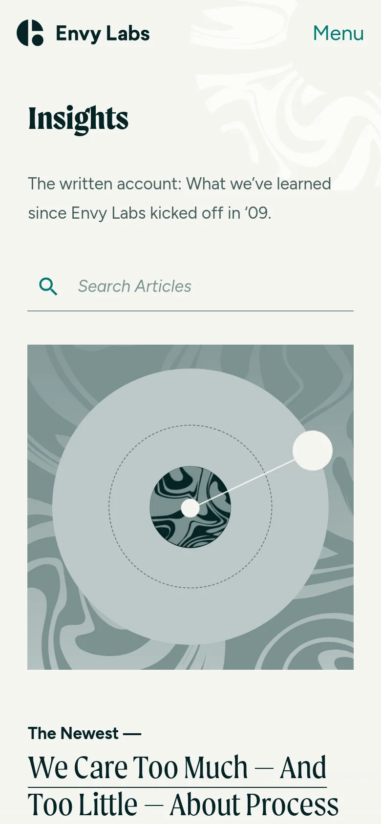 The mobile version uses a single-column vertical layout. The 'Insights' headline and description are centered at the top, followed by a full-width search bar and a large abstract graphic that sits above the featured article content.