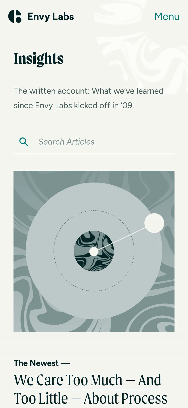 The mobile version uses a single-column vertical layout. The 'Insights' headline and description are centered at the top, followed by a full-width search bar and a large abstract graphic that sits above the featured article content.