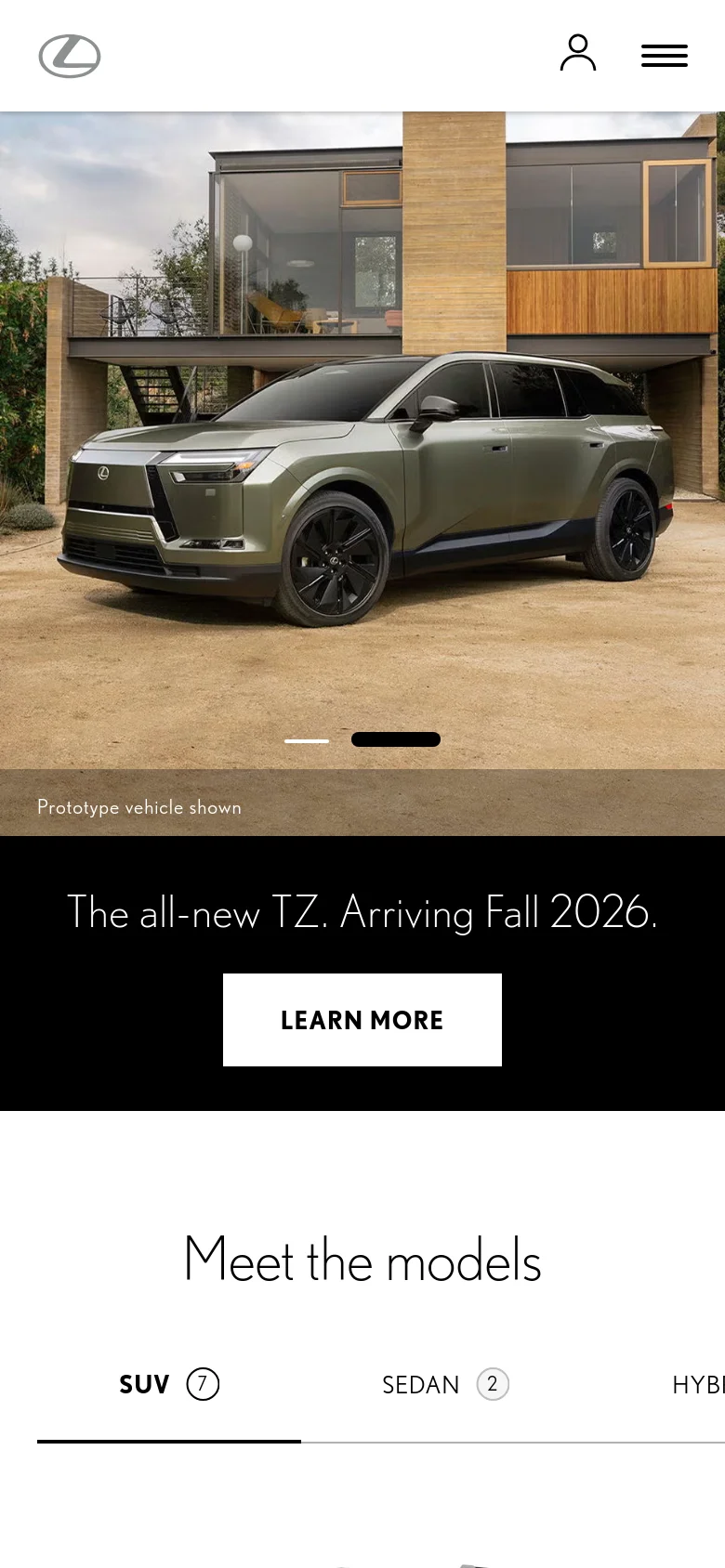 The mobile version features a condensed layout with a hamburger menu and user icon in the header. The hero section displays a large image of the all-new TZ prototype with a prominent 'LEARN MORE' call to action button. Below, the 'Meet the models' section uses a horizontal scrolling or stacked menu for vehicle categories like SUV and Sedan.