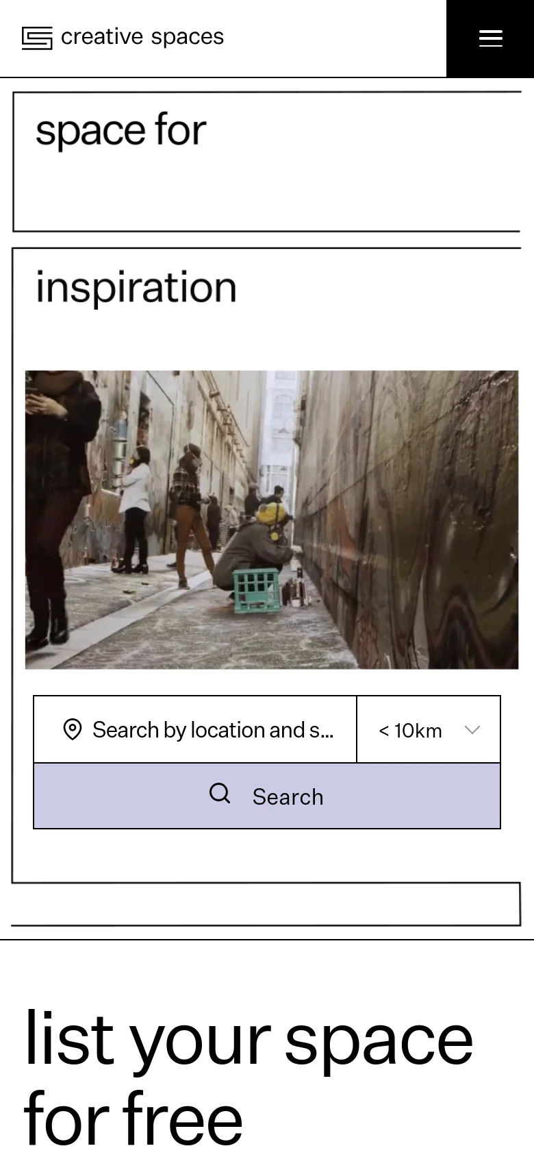 The mobile version simplifies the layout, stacking the hero text 'space for' above 'inspiration' and a large image of people working in a narrow studio space. The search bar is positioned below the image, and the top navigation is condensed into a hamburger menu icon next to the 'creative spaces' logo.