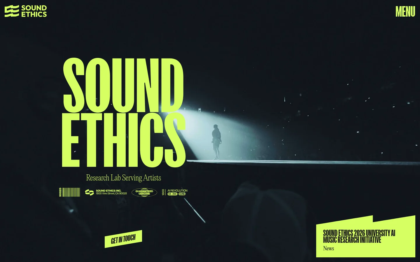 The desktop homepage features a dark, cinematic hero image of a performer in a spotlight with large, lime-green 'SOUND ETHICS' typography. A subheadline reads 'Research Lab Serving Artists' above a 'Get in Touch' call-to-action button. The layout includes a top navigation bar with a logo and menu button, and a news section at the bottom right.