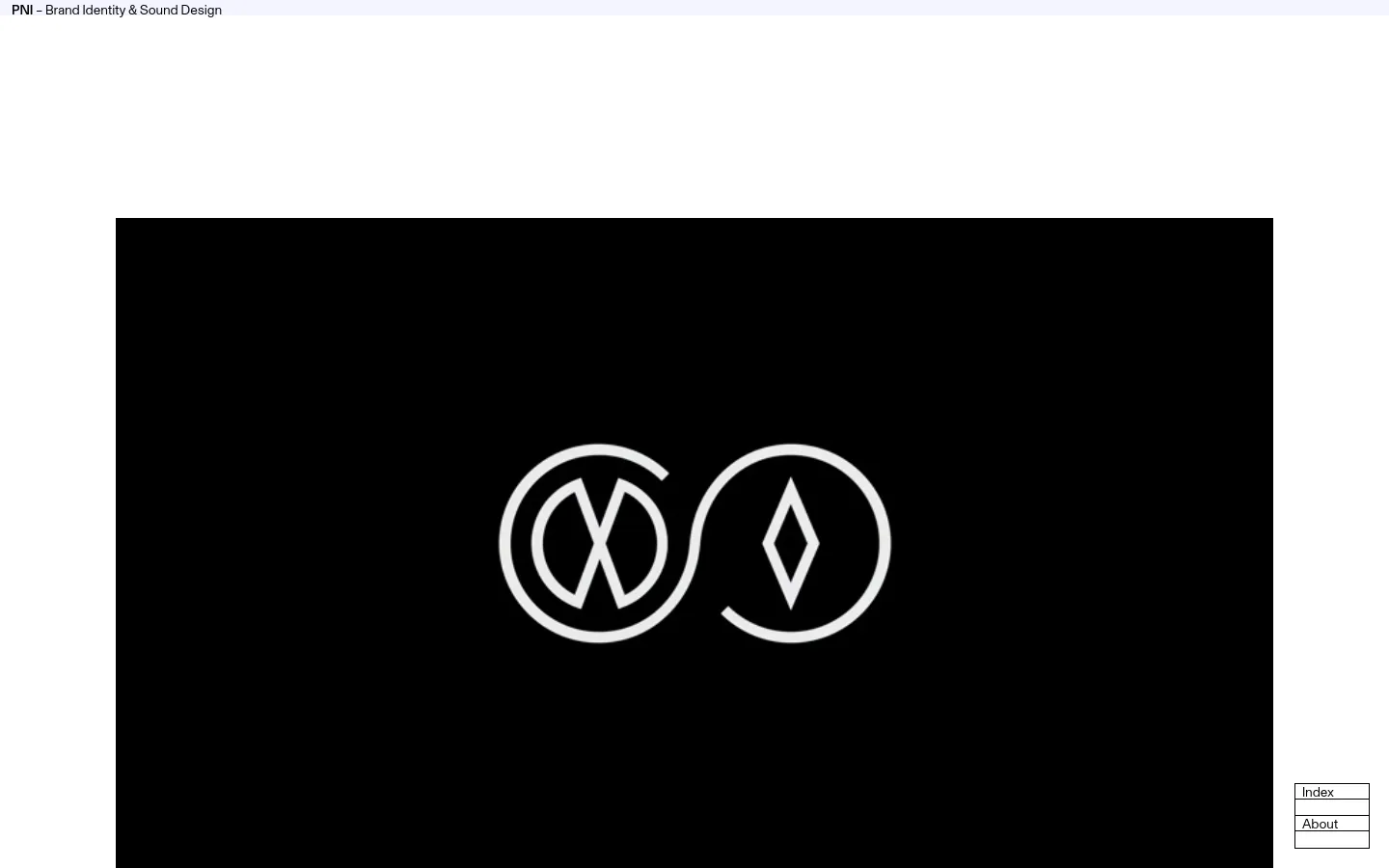 The desktop page features a minimalist design with a large black hero section containing a white infinity-style logo. Below the hero, a white section displays the project title 'PNI' and a text description of Project Native Informant. A horizontal row of rectangular image thumbnails is visible at the bottom of the viewport.