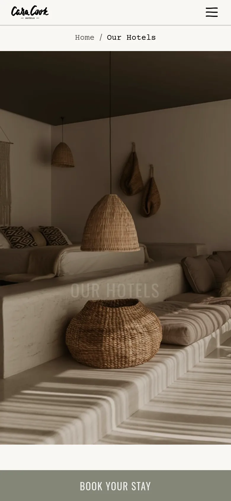 The mobile version presents a vertically stacked layout, starting with a full-width hero image of a luxury hotel interior and the 'OUR HOTELS' title. The booking bar is condensed, and the hotel listings follow in a single-column format, emphasizing large imagery and clear text for easy scrolling.