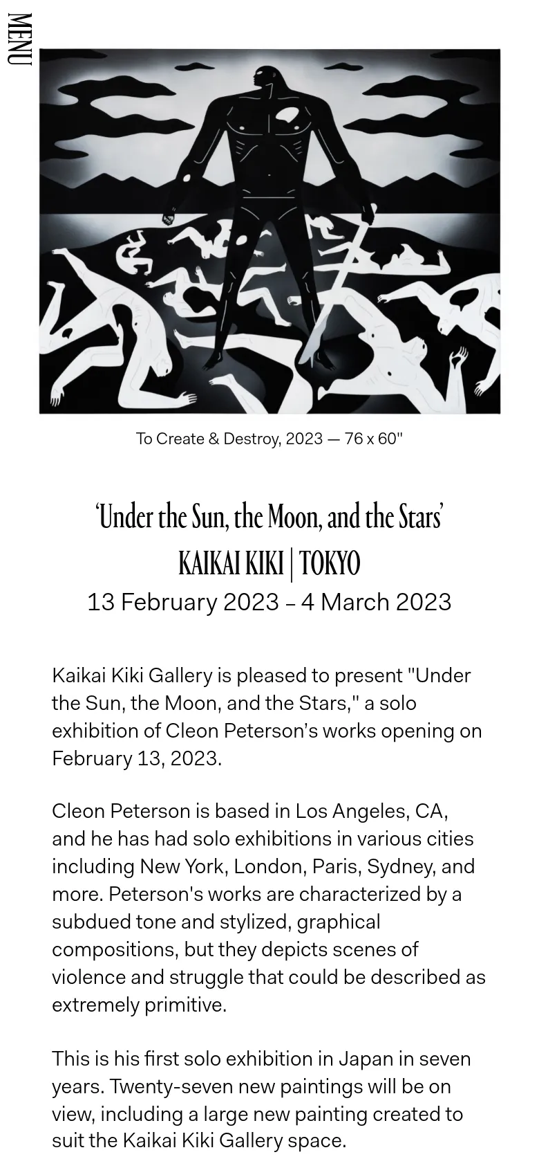 The mobile version presents a vertically stacked layout optimized for smaller screens. The large painting is centered at the top, followed by the title 'Under the Sun, the Moon, and the Stars' and exhibition details in centered text. The descriptive text about the artist and exhibition follows below, creating a single-column reading experience.