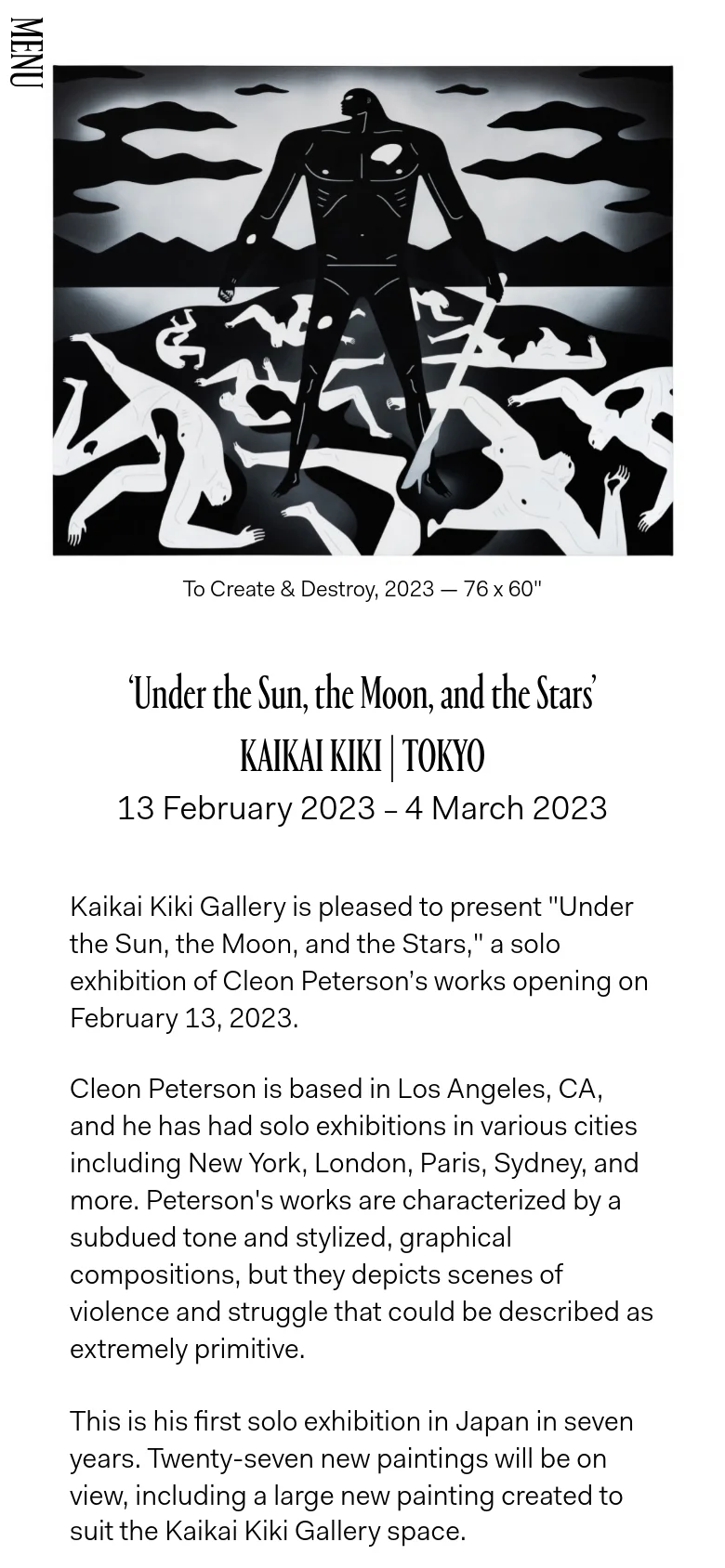 The mobile version presents a vertically stacked layout optimized for smaller screens. The large painting is centered at the top, followed by the title 'Under the Sun, the Moon, and the Stars' and exhibition details in centered text. The descriptive text about the artist and exhibition follows below, creating a single-column reading experience.
