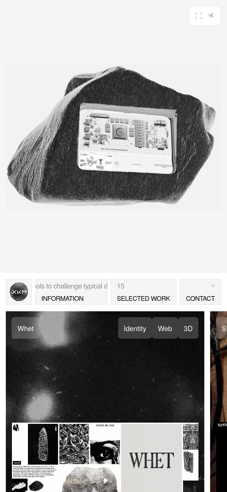 The mobile version presents a vertically stacked layout optimized for small screens, focusing on the central rock hero image. The navigation and mission statement are condensed, and the project grid transitions into a single-column view for easier scrolling, maintaining the monochromatic and minimalist aesthetic.