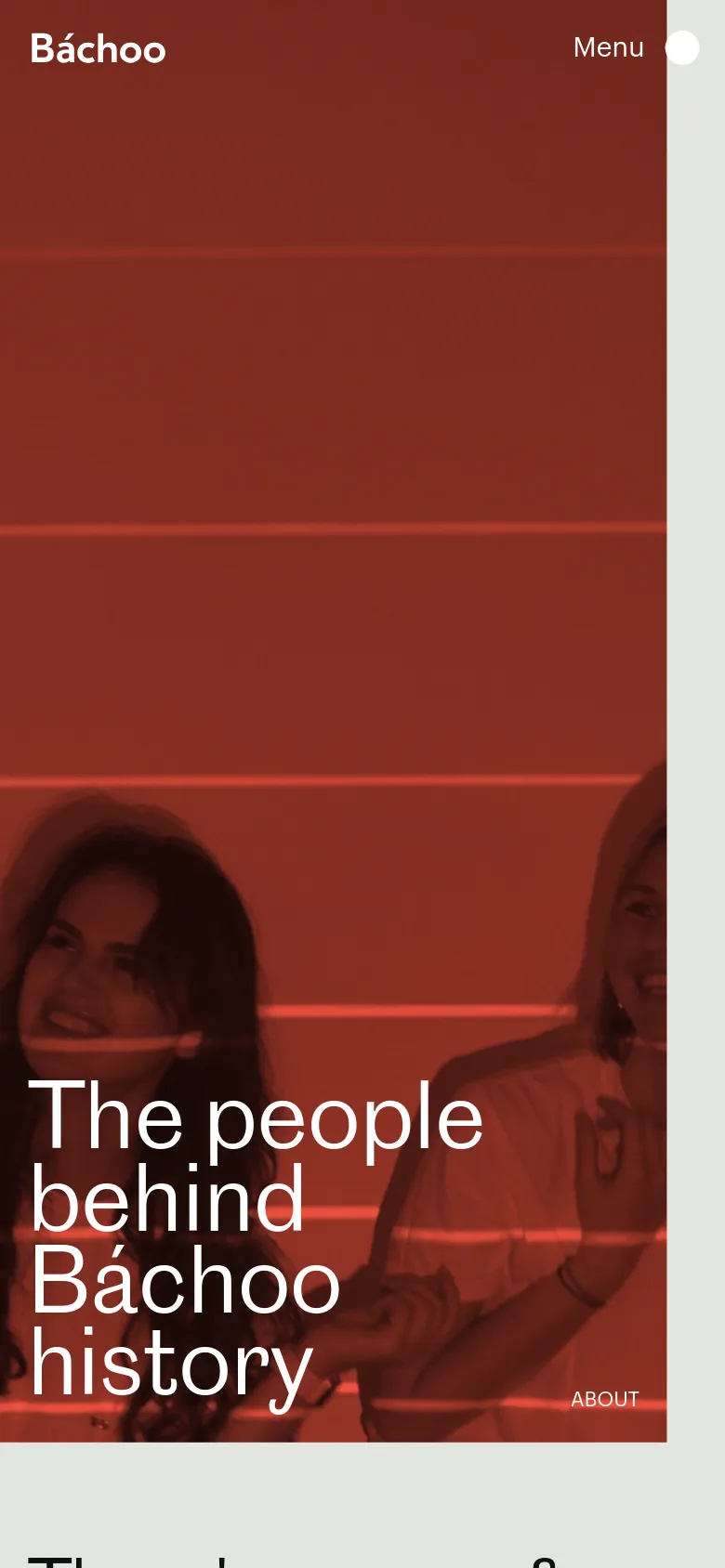 The mobile version maintains the vibrant orange hero section with the large white headline, but the layout is vertically stacked for a narrower screen. The navigation is simplified to a 'Menu' button with a circle icon, and the team grid transitions from a multi-column desktop view to a single-column vertical scroll.