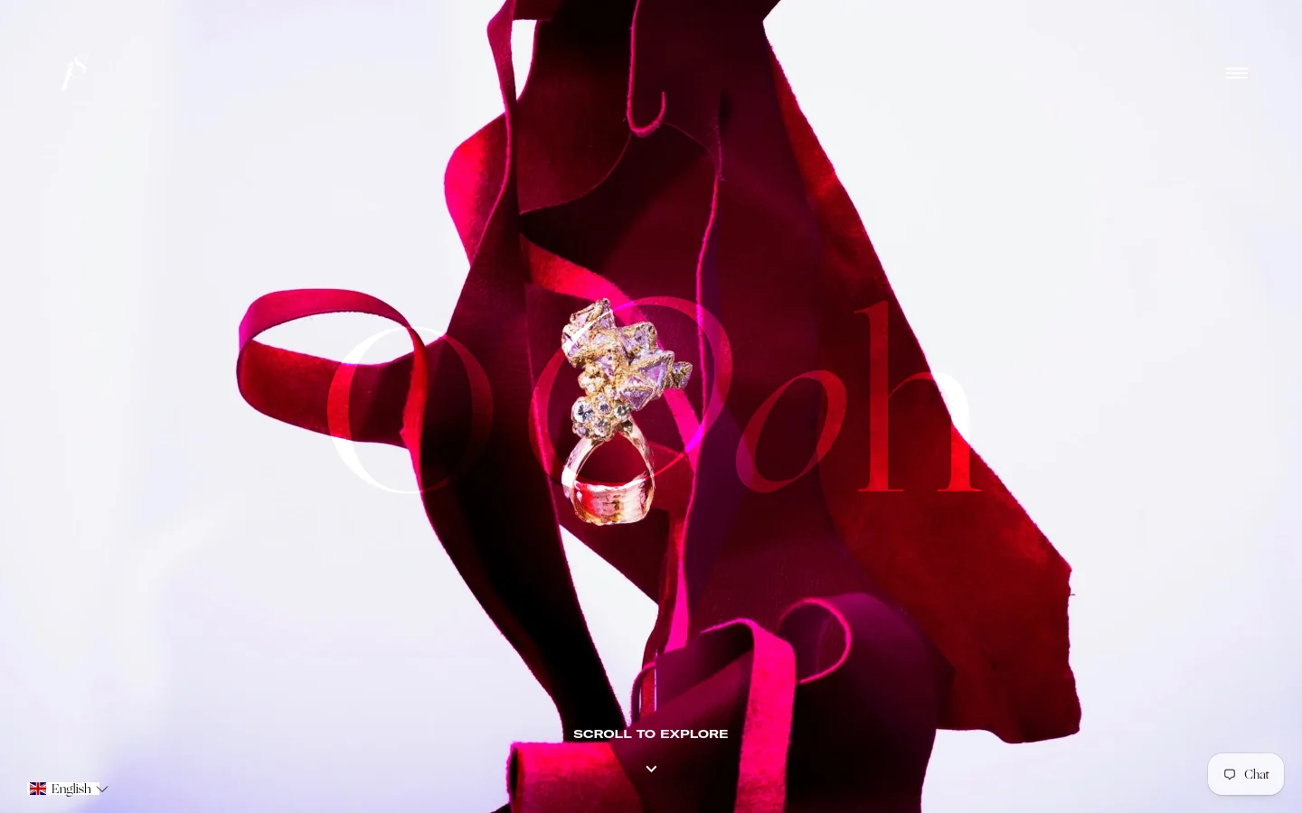 The desktop homepage features a minimalist, high-fashion aesthetic with a large hero image of a gold ring nestled in flowing red fabric against a white background. A large, translucent 'Oooh' text overlay sits behind the ring, and a 'Scroll to Explore' prompt is centered at the bottom. The layout is clean with plenty of white space and a small logo in the top left corner.