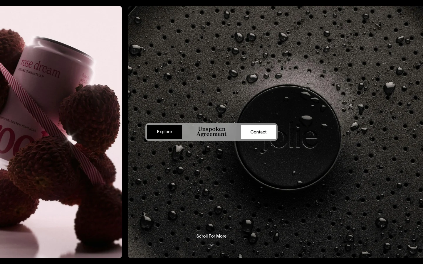 The desktop homepage for Unspoken Agreement features a minimalist design with a split-screen hero image showing a close-up of product packaging and textured surfaces. Centered on the screen is the brand name 'Unspoken Agreement' flanked by 'Explore' and 'Contact' buttons, with a 'Scroll For More' prompt at the bottom.