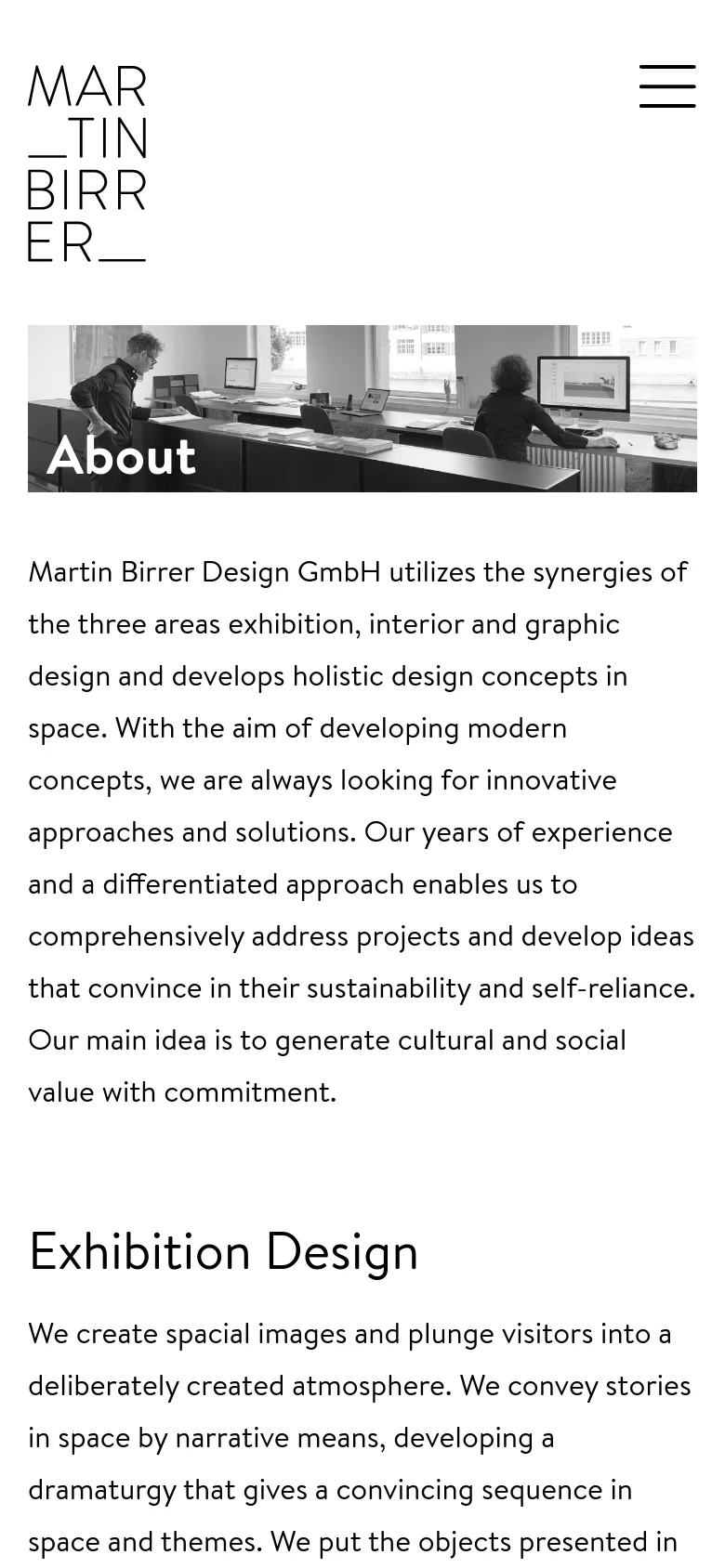 The mobile version simplifies the layout into a single vertical column. The navigation menu is collapsed into a hamburger icon at the top right, and the hero image spans the full width above the text content.