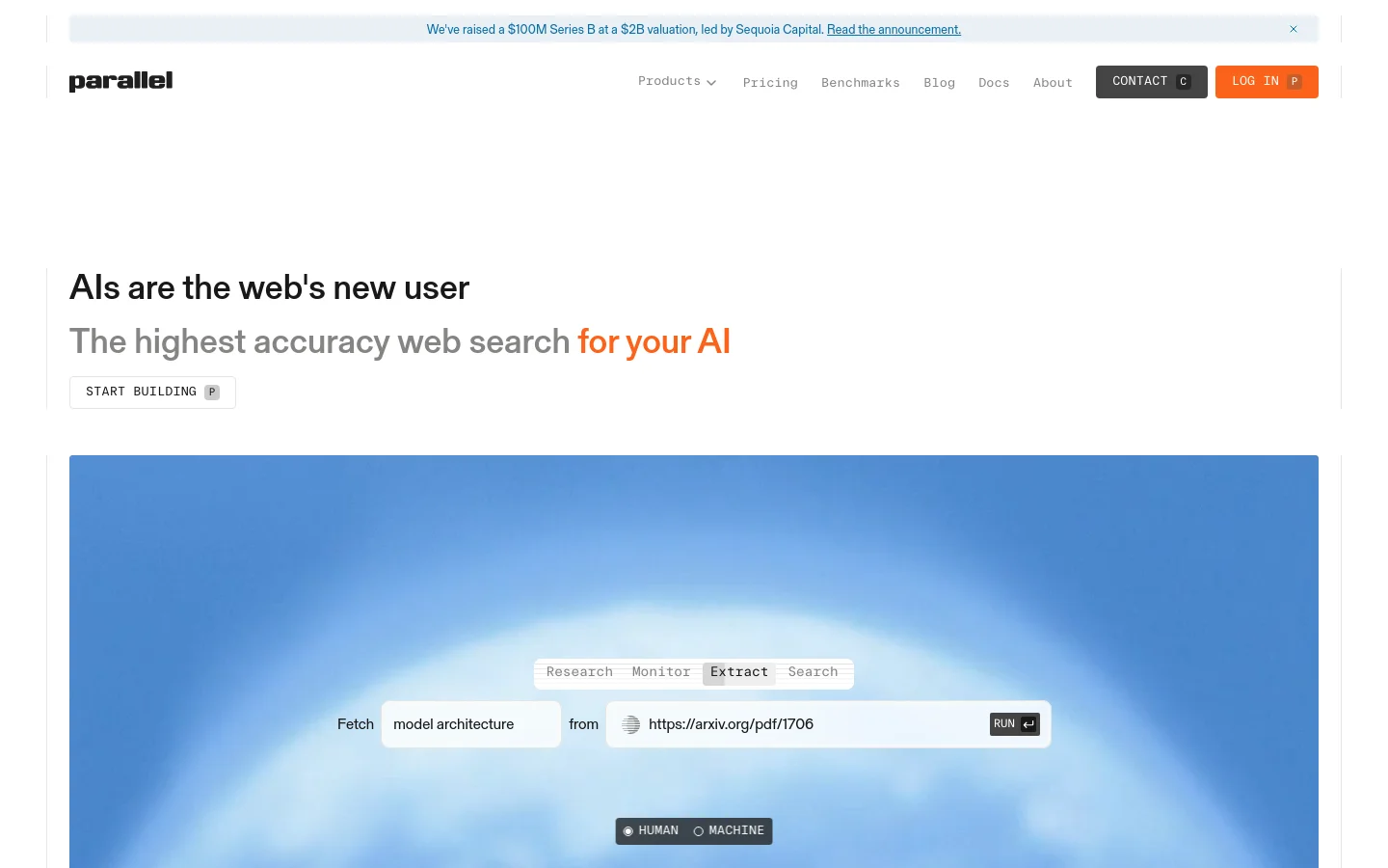 The desktop homepage features a clean, white background with a dark logo in the top left and a navigation menu. The hero section displays the headline 'AIs are the web's new user' and a call-to-action button 'START BUILDING', followed by a large blue-toned graphic showing a software interface for research, monitoring, and extraction tasks.