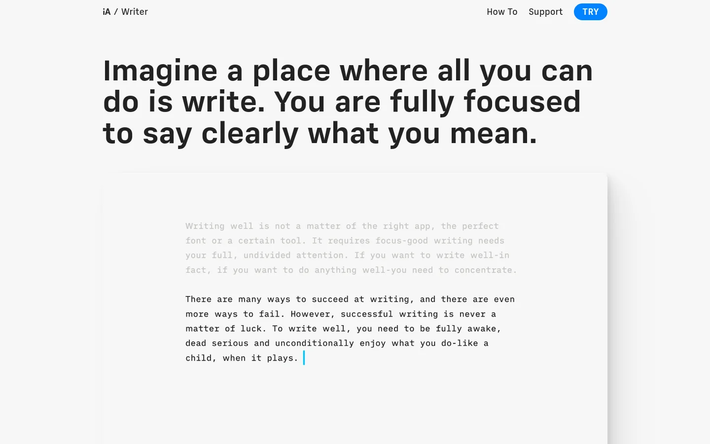 The desktop landing page features a minimalist design with a large, bold headline on a light gray background. Below the headline, a centered white window displays a plain text writing interface with a cursor, emphasizing a distraction-free environment. The navigation bar at the top includes links for 'How To', 'Support', and a blue 'TRY' call-to-action button.