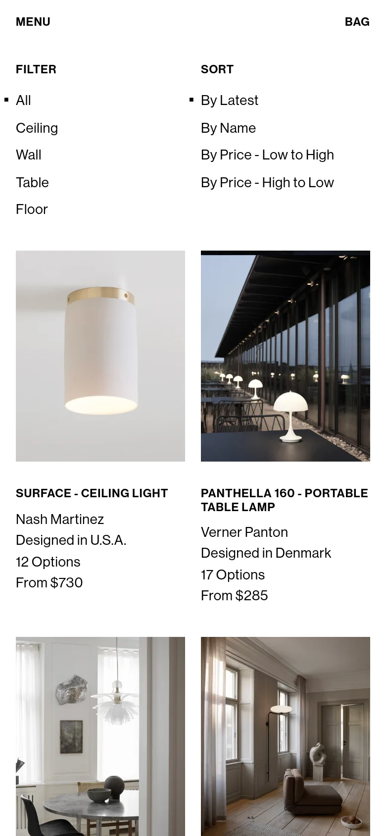 The mobile version uses a vertical stack layout with the menu and bag options at the top. The filter and sort categories are listed vertically, followed by a single-column grid of large product images and text descriptions. The design maintains the clean, white aesthetic but prioritizes vertical scrolling for easier navigation on smaller screens.