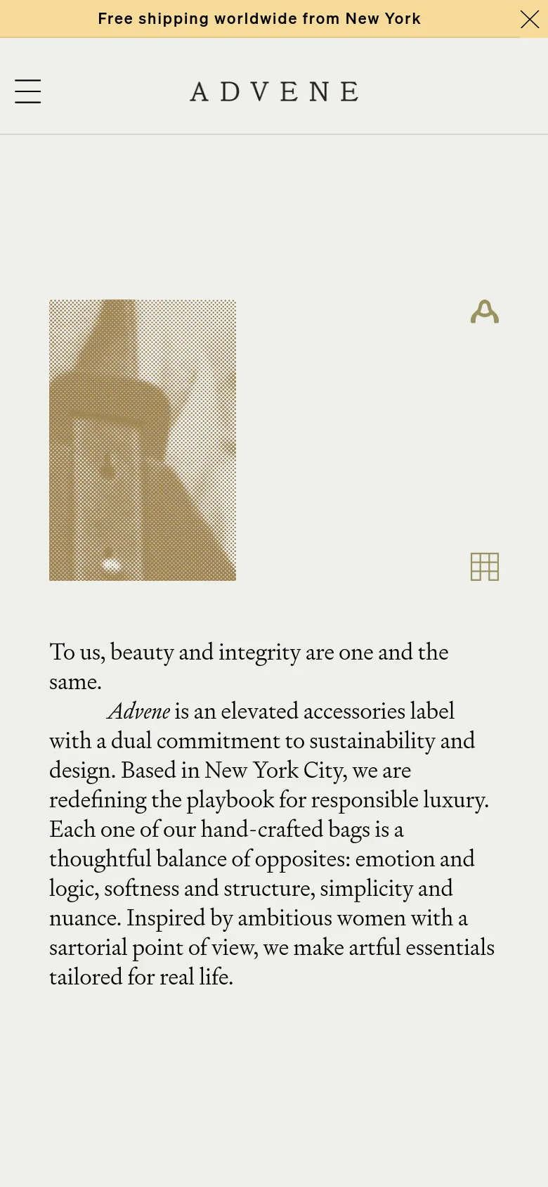 The mobile version simplifies the layout into a single-column vertical scroll. The hero imagery is stacked, showing the textured close-up above the lifestyle photo of the white handbag. The top navigation is condensed into a hamburger menu icon on the left, with the brand name centered and a shopping bag icon on the right.