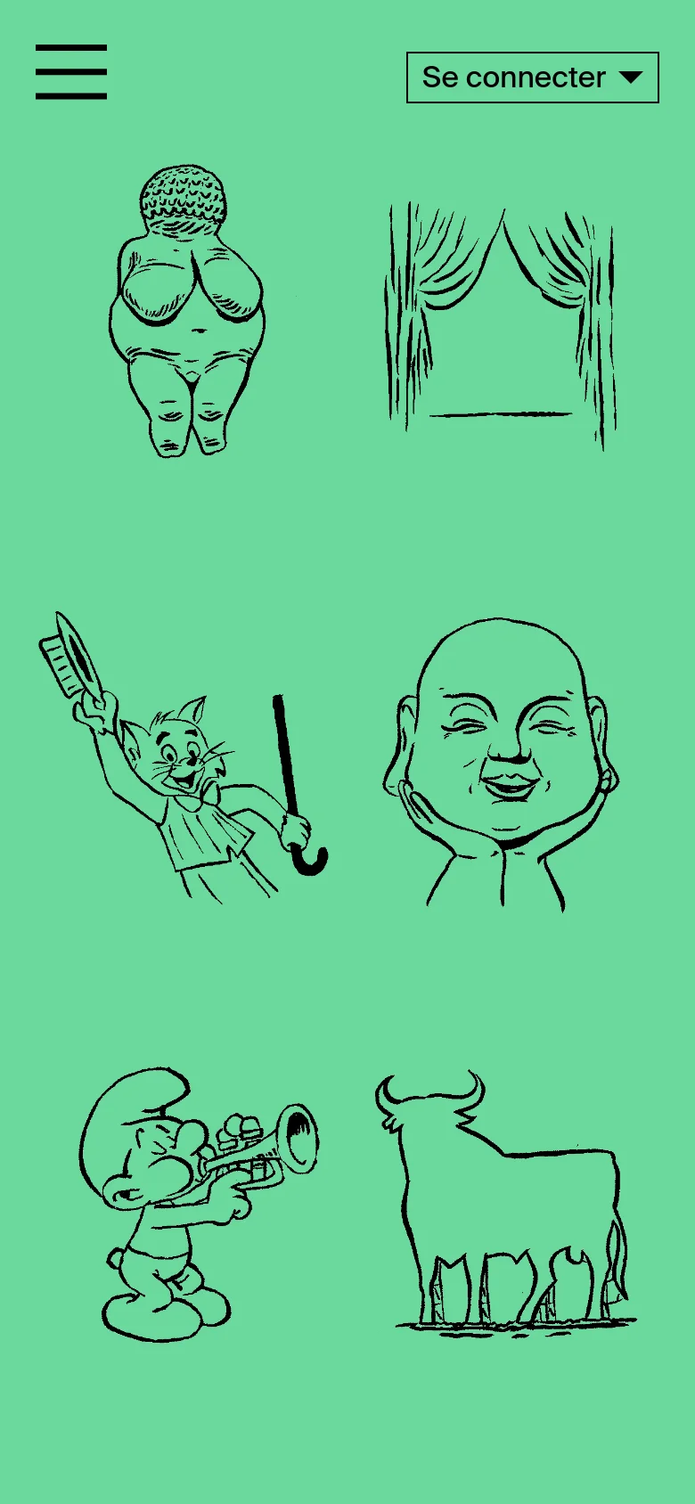 The mobile version simplifies the layout into a single-column view with a hamburger menu icon and a 'Se connecter' dropdown button at the top. The content consists of large, playful black-and-white line art illustrations arranged in a grid on a solid mint green background. Navigation is condensed to prioritize vertical scrolling through the various activity categories.